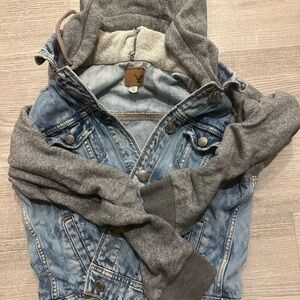 American Eagle Outfitters Blue Jean Jacket with Gray Hoodie